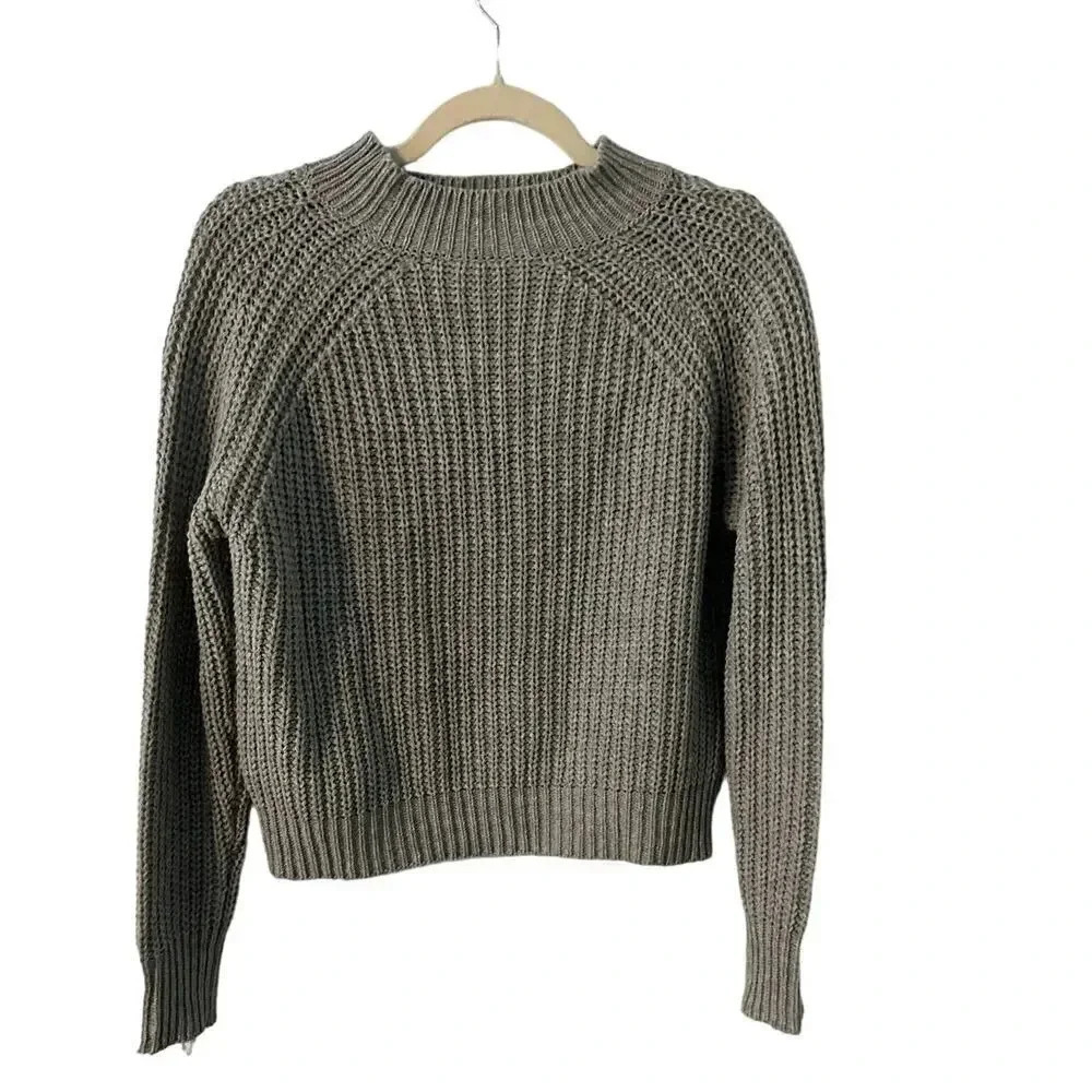 Tanner Loose Knit Sweater Size XS Gray Cropped Mock Neck Pullover